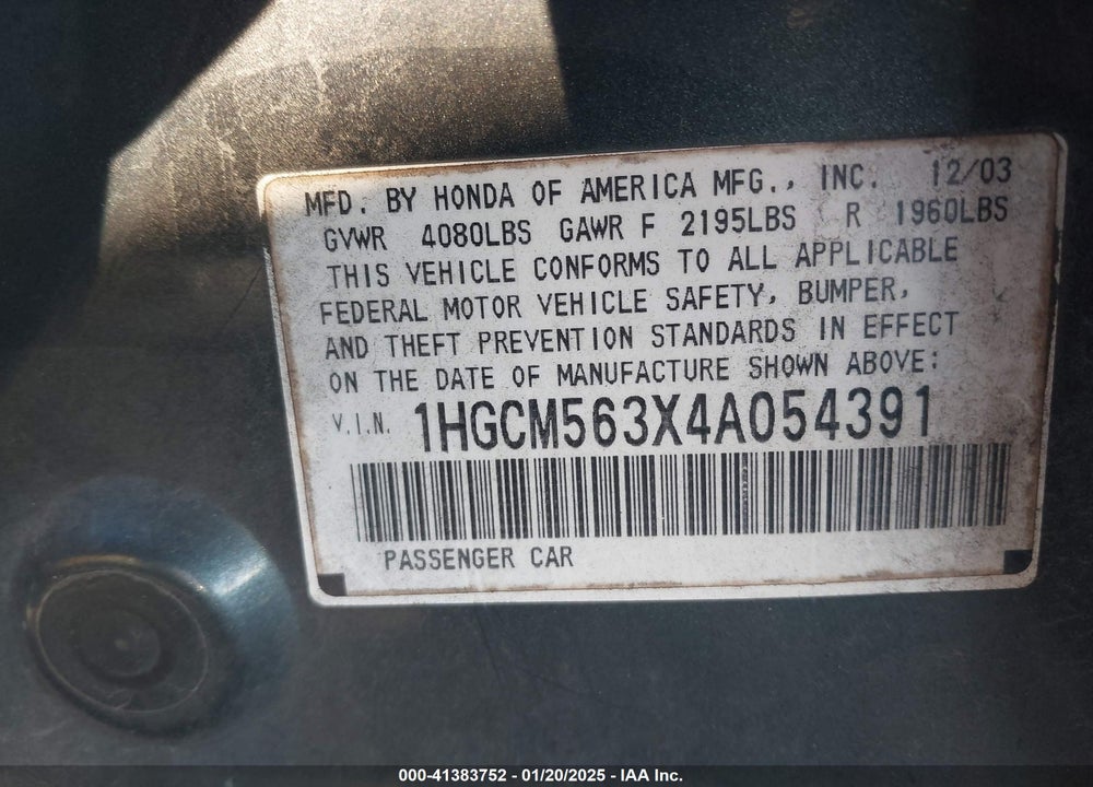 2004 HONDA ACCORD 2.4 LX VIN: 1HGCM563X4A054391