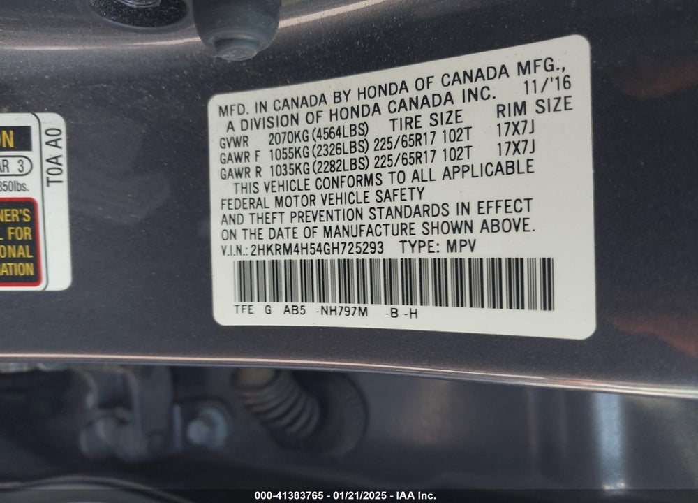 2016 HONDA CR-V EX VIN: 2HKRM4H54GH725293