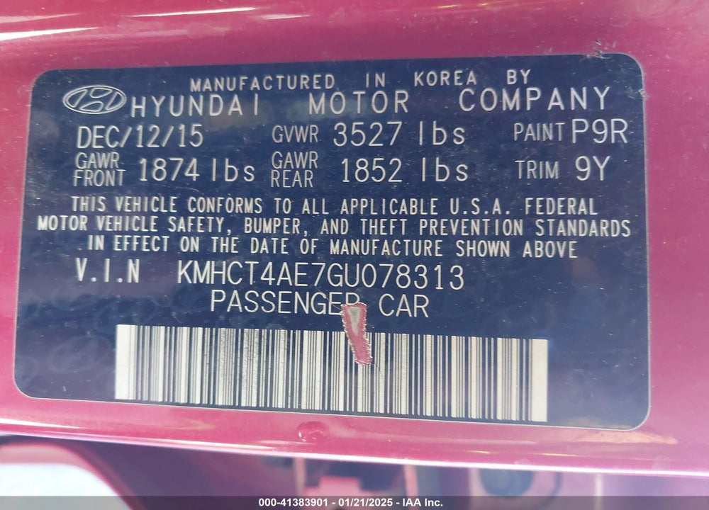 2016 HYUNDAI ACCENT VIN: KMHCT4AE7GU078313