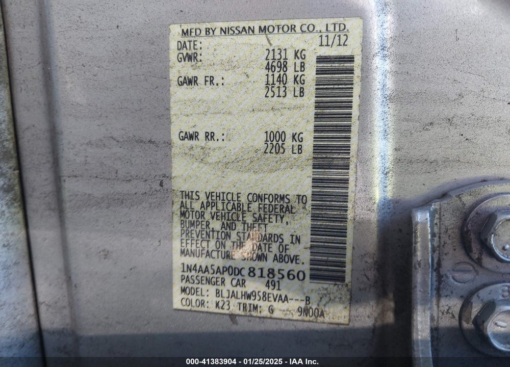 2013 NISSAN MAXIMA VIN: 1N4AA5AP0DC818560