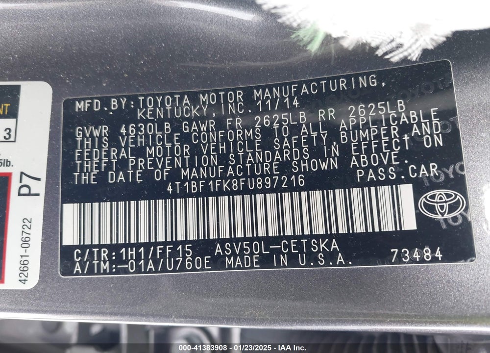 2015 TOYOTA CAMRY VIN: 4T1BF1FK8FU897216