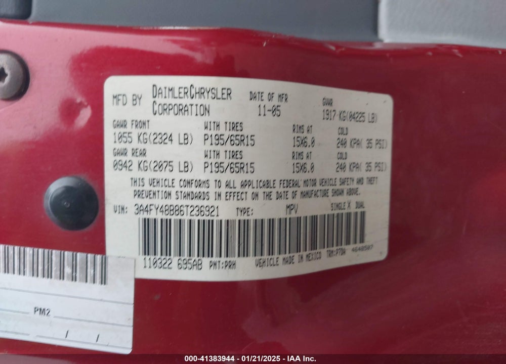 2006 CHRYSLER PT CRUISER VIN: 3A4FY48B86T236921