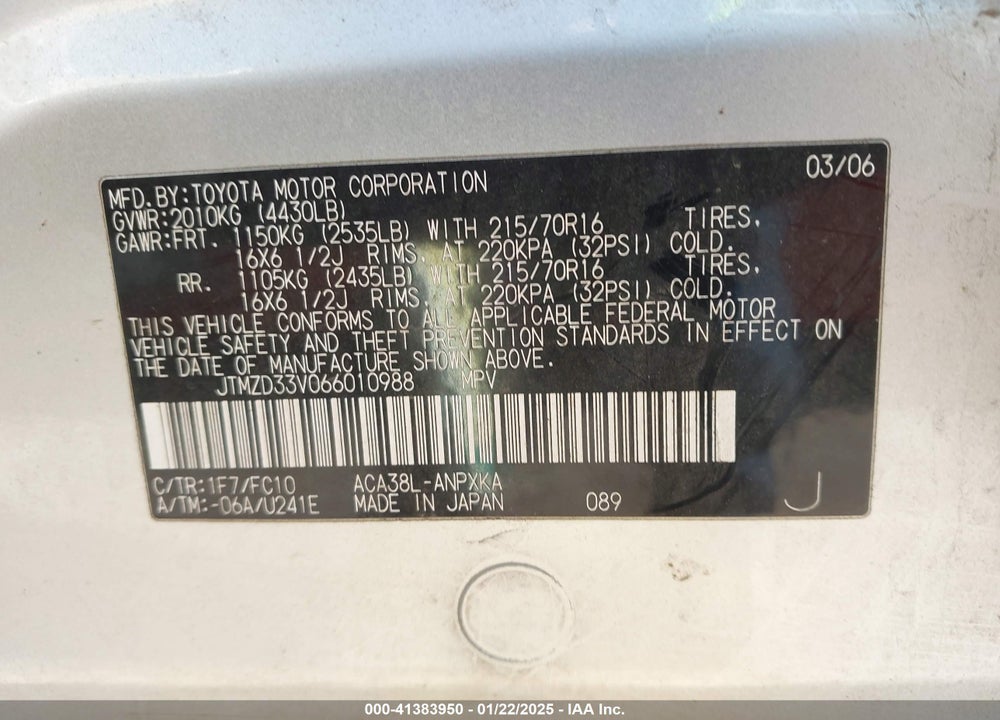 2006 TOYOTA RAV4 VIN: JTMZD33V066010988