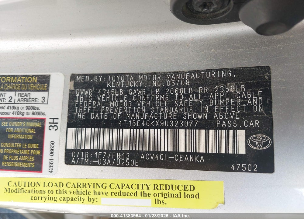 2009 TOYOTA CAMRY LE VIN: 4T1BE46KX9U323077