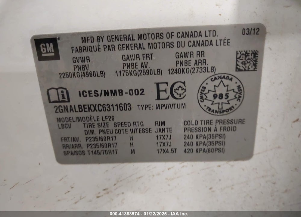 2012 CHEVROLET EQUINOX VIN: 2GNALBEKXC6311603