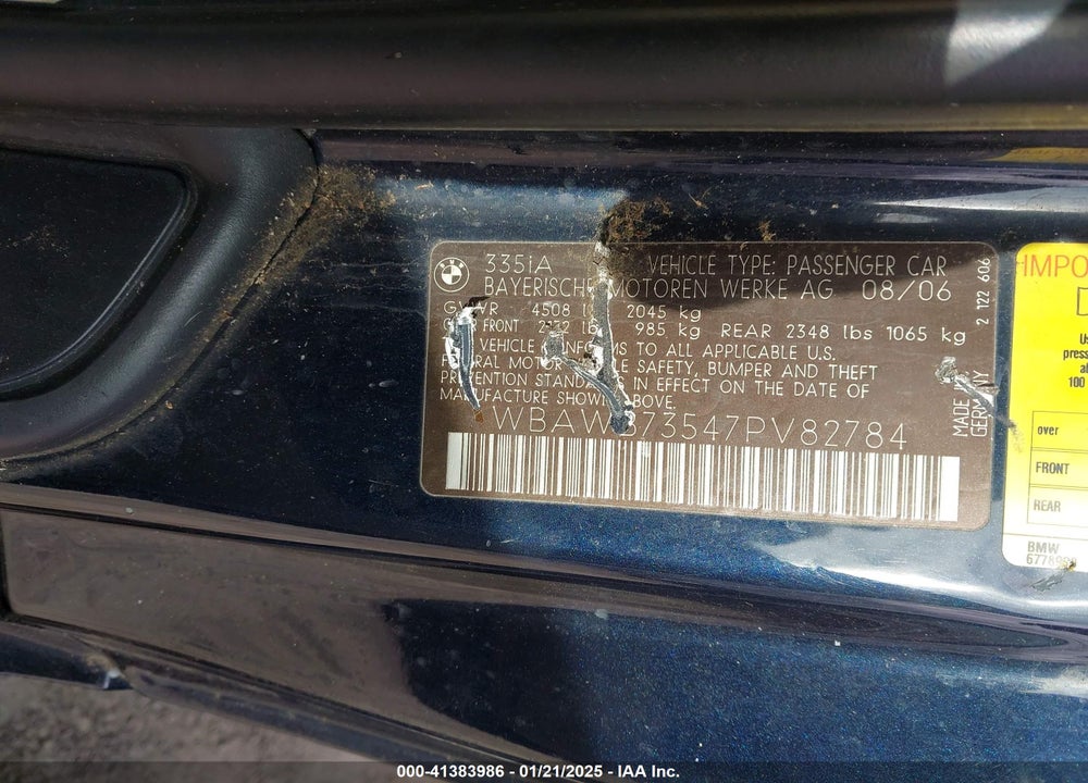 2007 BMW 335I VIN: WBAWB73547PV82784