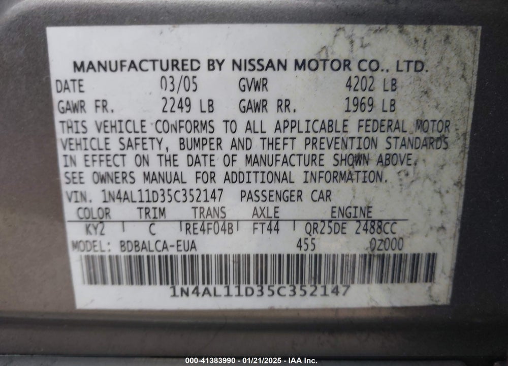 2005 NISSAN ALTIMA 2.5 S VIN: 1N4AL11D35C352147