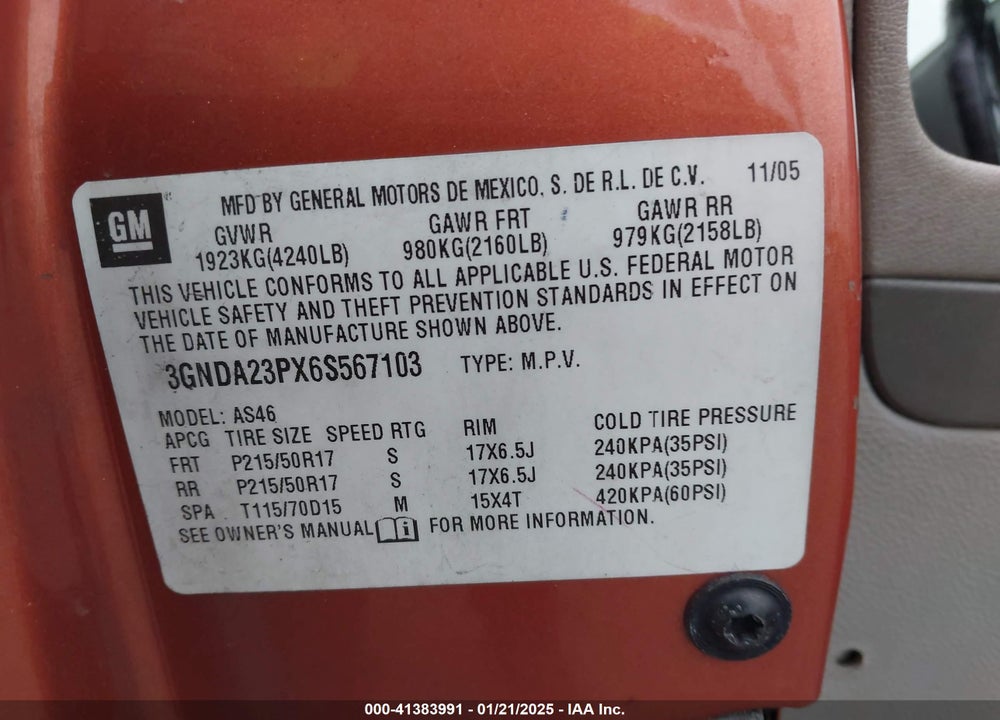2006 CHEVROLET HHR VIN: 3GNDA23PX6S567103