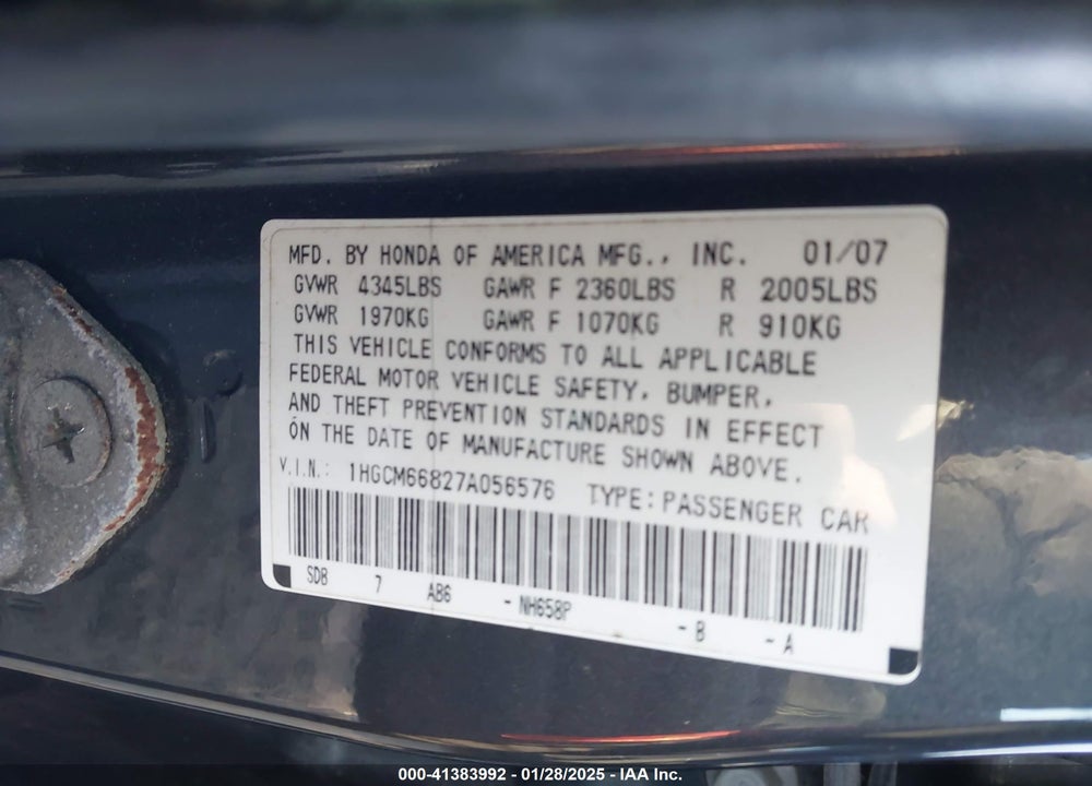 2007 HONDA ACCORD VIN: 1HGCM66827A056576