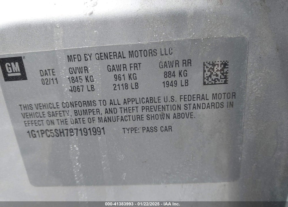 2011 CHEVROLET CRUZE VIN: 1G1PC5SH7B7191991