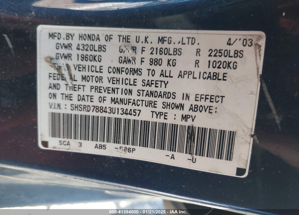 2003 HONDA CR-V EX VIN: SHSRD78843U134457