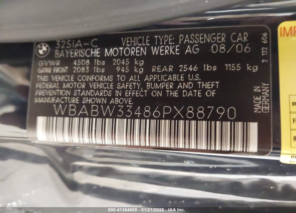 2006 BMW 325CI VIN: WBABW33486PX88790