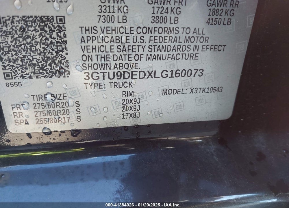 2020 GMC SIERRA 1500 VIN: 3GTU9DEDXLG160073