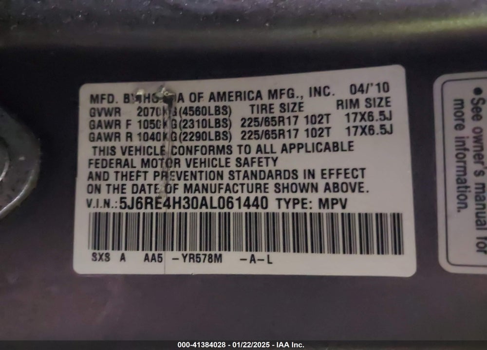 2010 HONDA CR-V LX VIN: 5J6RE4H30AL061440