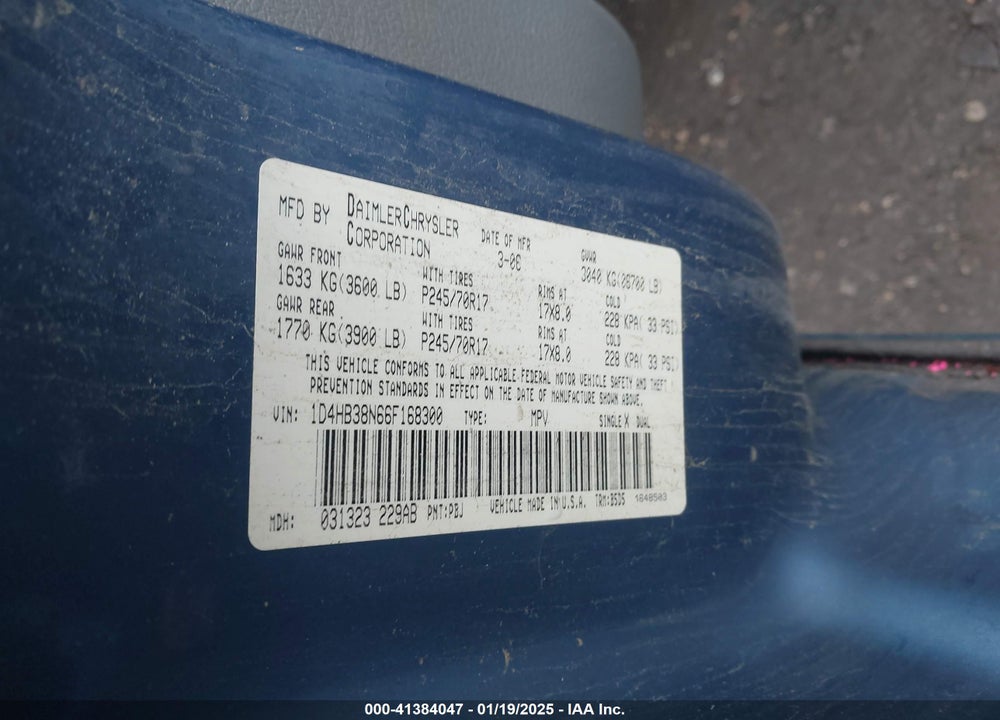 2006 DODGE DURANGO SXT VIN: 1D4HB38N66F168300