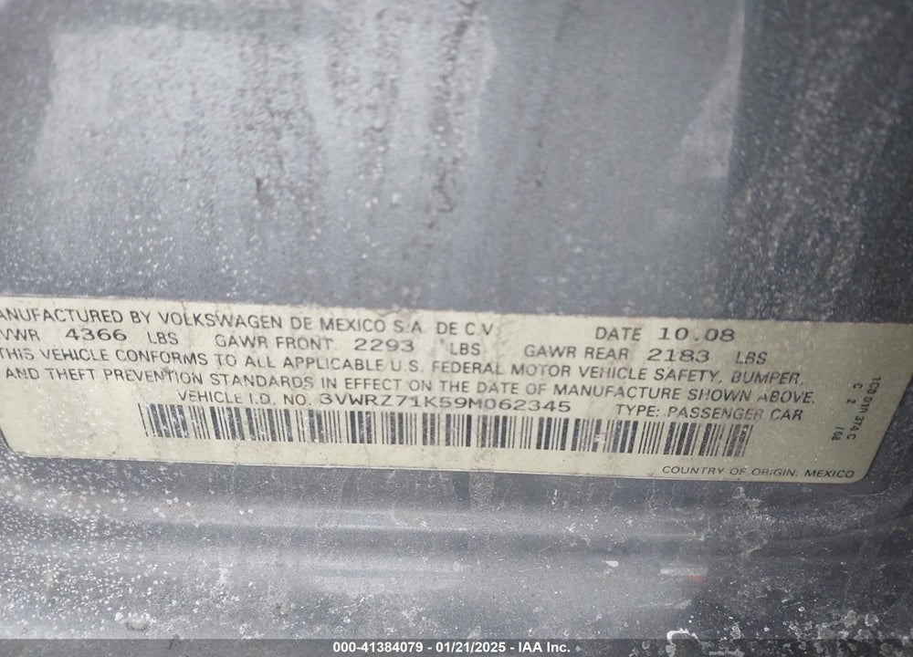 2009 VOLKSWAGEN JETTA VIN: 3VWRZ71K59M062345