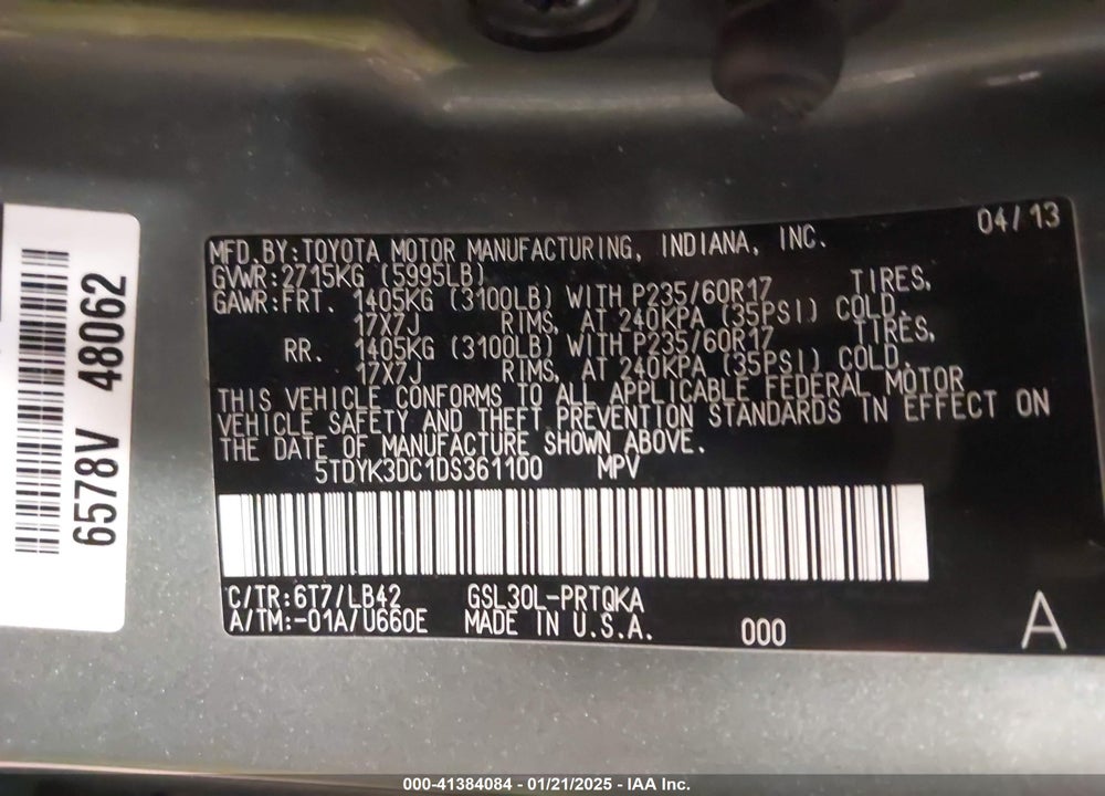 2013 TOYOTA SIENNA XLE LIMITED VIN: 5TDYK3DC1DS361100