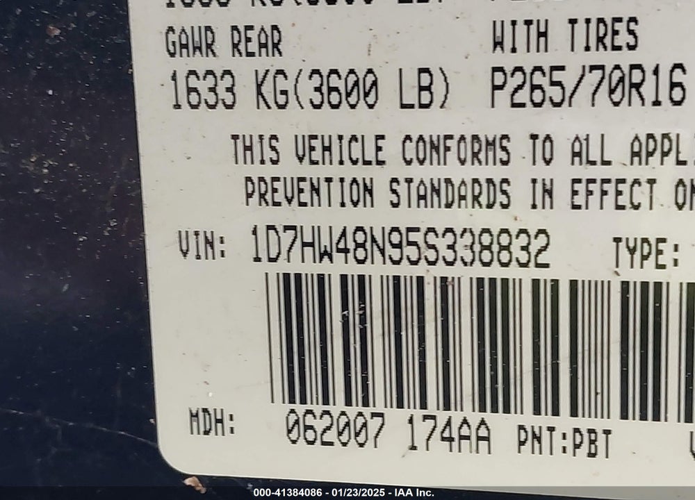 2005 DODGE DAKOTA SLT VIN: 1D7HW48N95S338832