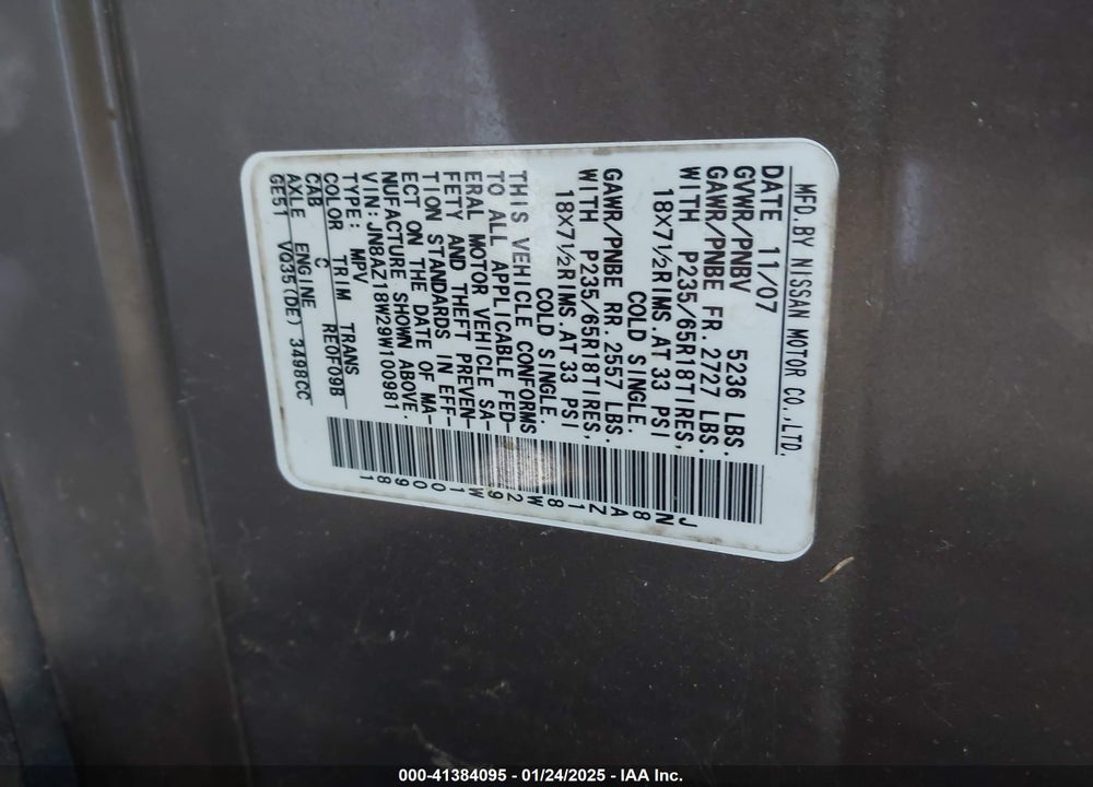 2009 NISSAN MURANO S VIN: JN8AZ18W29W100981