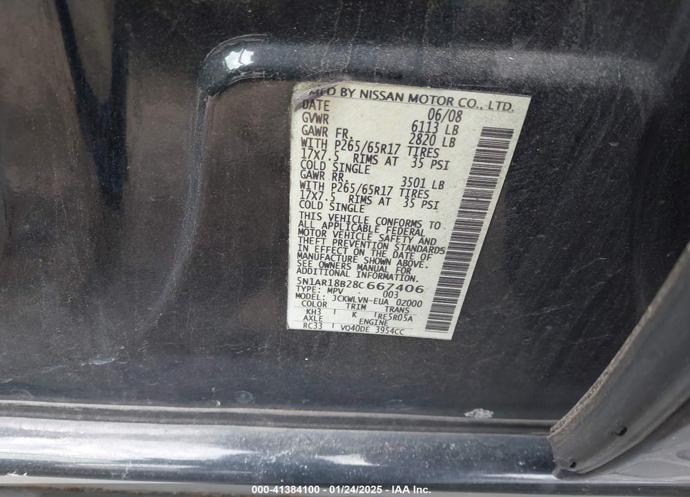 2008 NISSAN PATHFINDER LE VIN: 5N1AR18B28C667406
