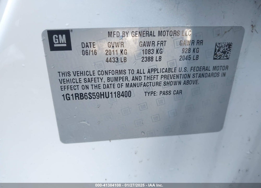 2017 CHEVROLET VOLT PREMIER VIN: 1G1RB6S59HU118400