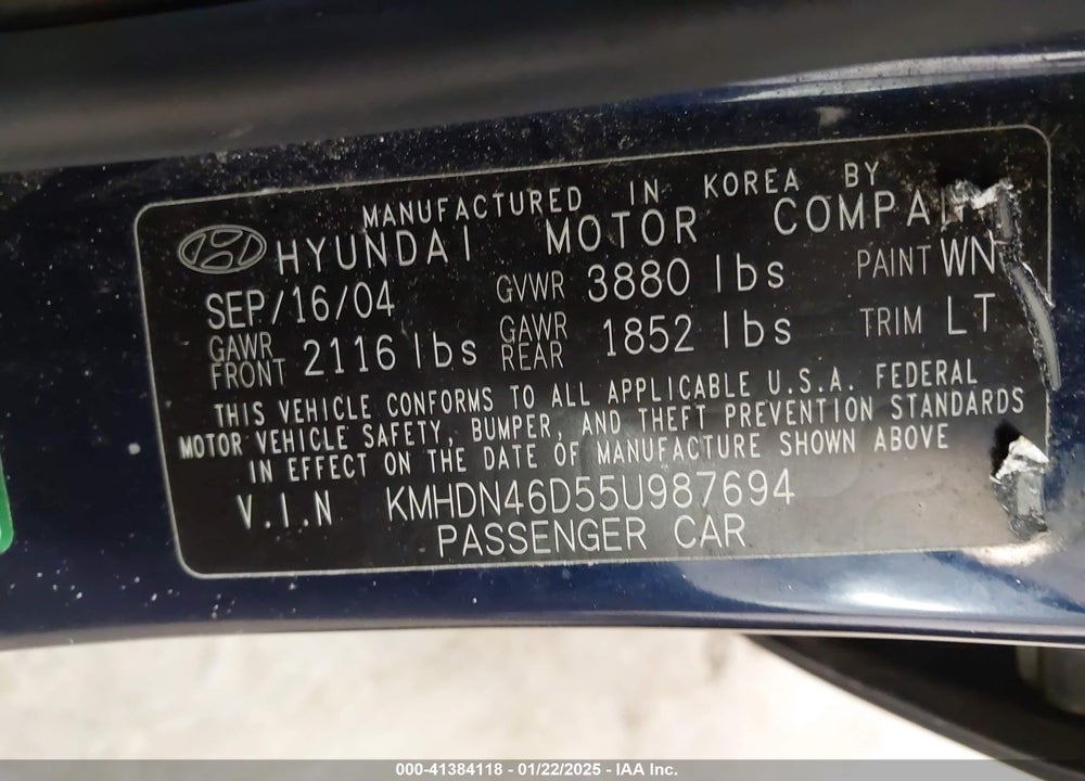 2005 HYUNDAI ELANTRA GLS/GT VIN: KMHDN46D55U987694