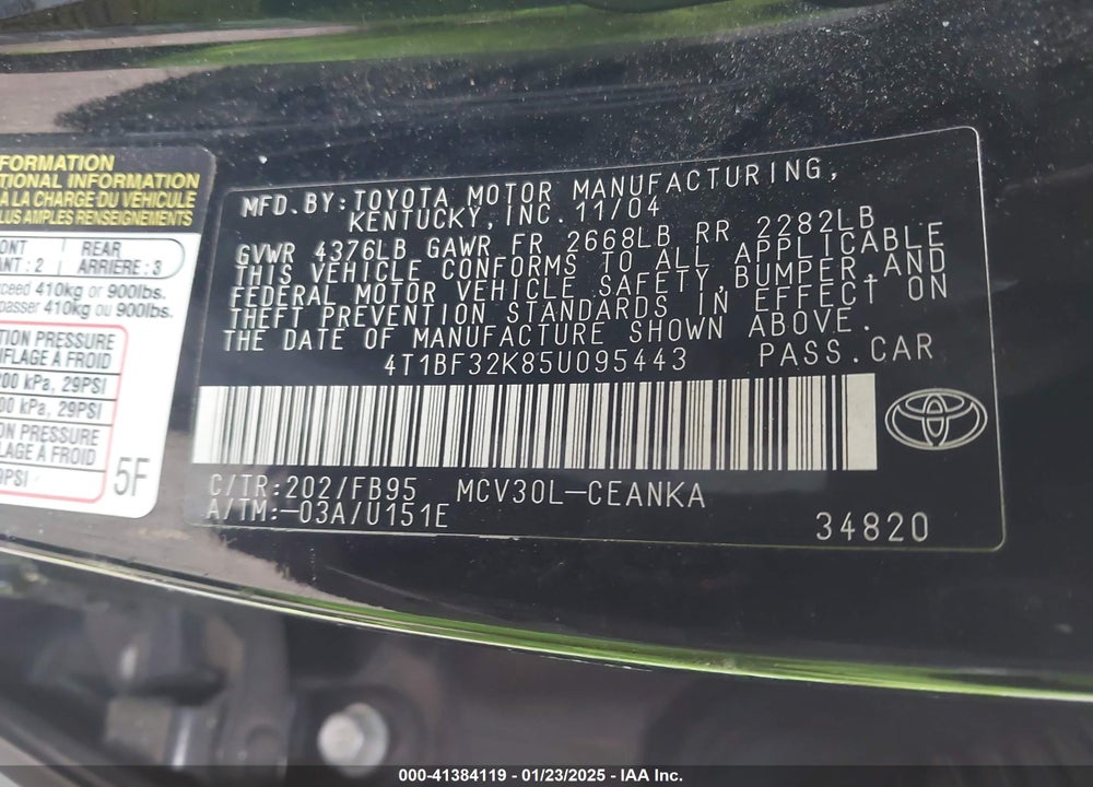 2005 TOYOTA CAMRY LE V6 VIN: 4T1BF32K85U095443
