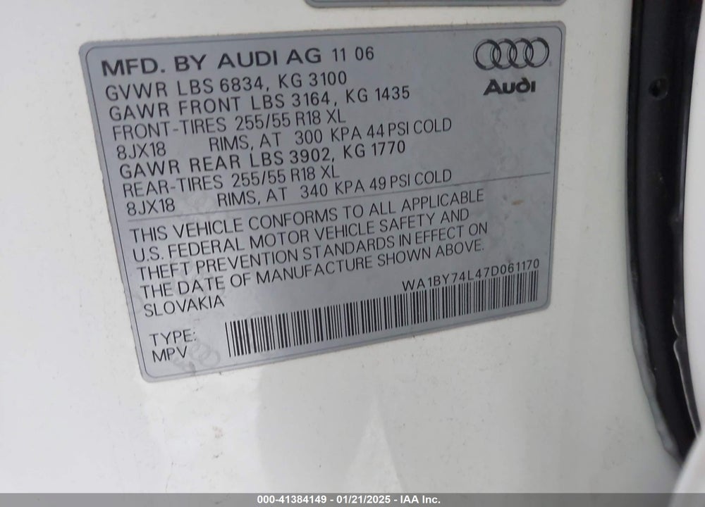 2007 AUDI Q7 3.6 PREMIUM VIN: WA1BY74L47D061170