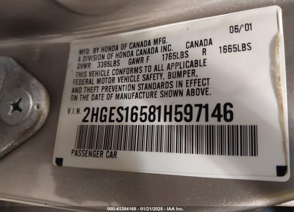 2001 HONDA CIVIC LX VIN: 2HGES16581H597146