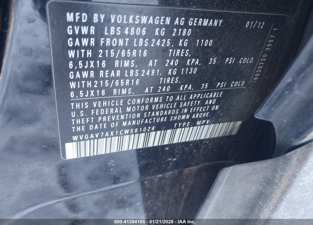 2012 VOLKSWAGEN TIGUAN S VIN: WVGAV7AX1CW561024