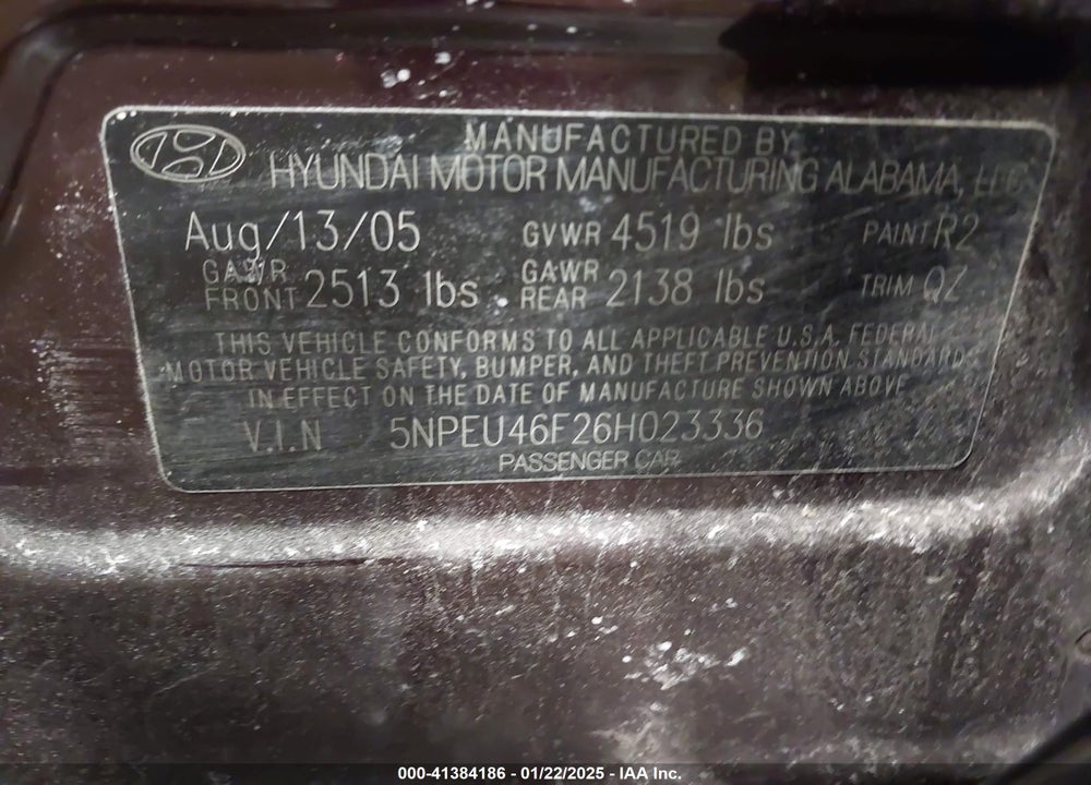 2006 HYUNDAI SONATA GLS V6/LX V6 VIN: 5NPEU46F26H023336