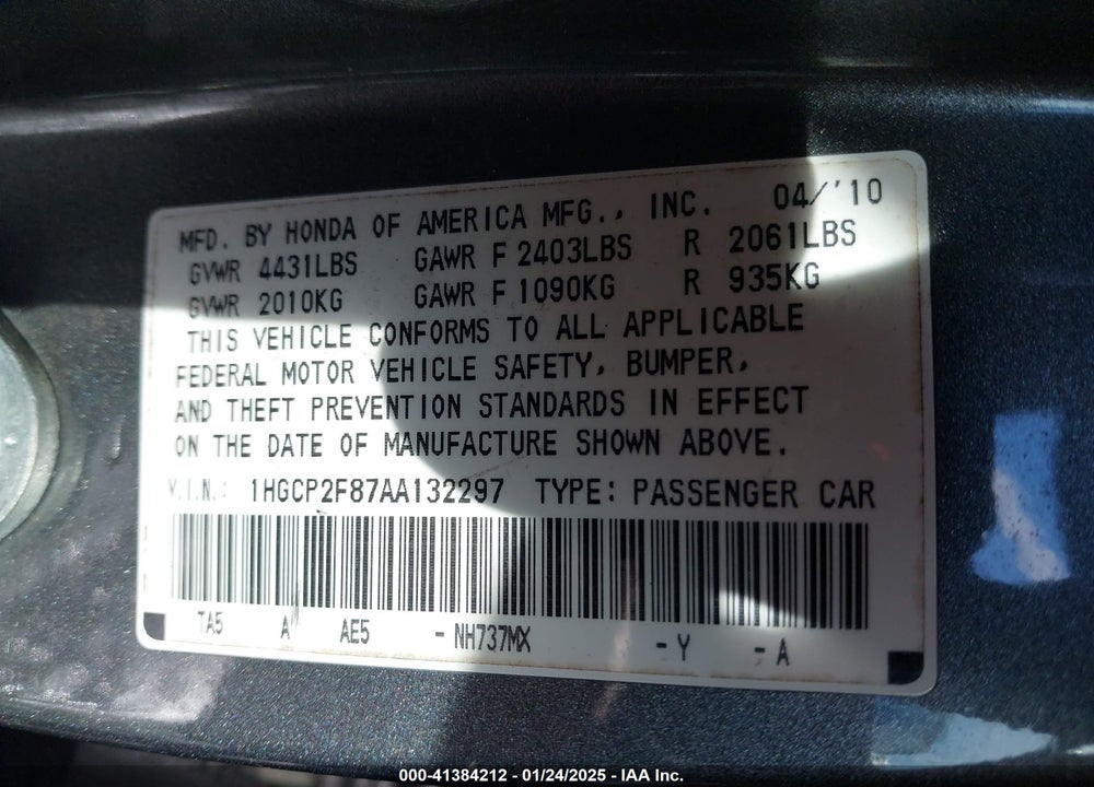 2010 HONDA ACCORD VIN: 1HGCP2F87AA132297