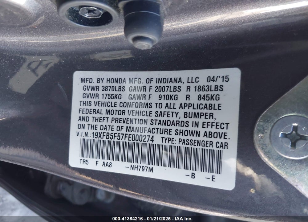 2015 HONDA CIVIC NATURAL GAS VIN: 19XFB5F57FE000274