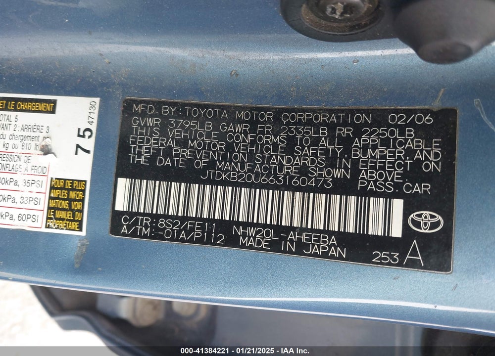 2006 TOYOTA PRIUS VIN: JTDKB20U663160473