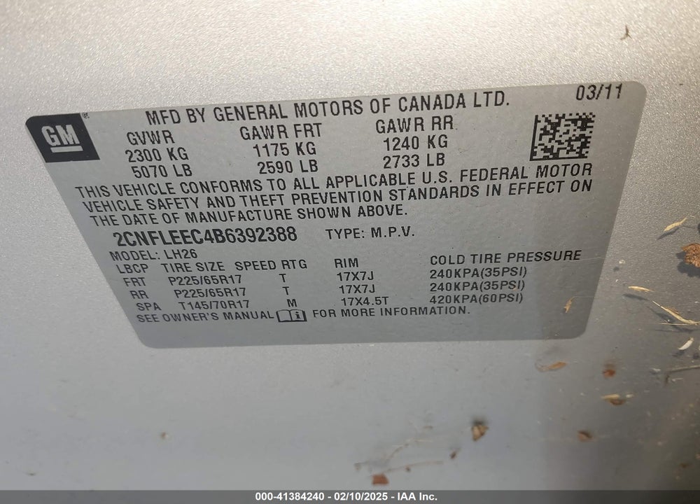 2011 CHEVROLET EQUINOX VIN: 2CNFLEEC4B6392388