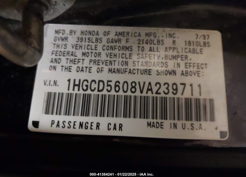 1997 HONDA ACCORD SE VIN: 1HGCD5608VA239711