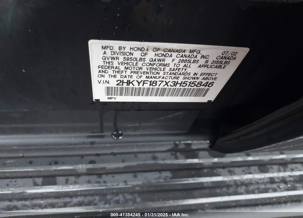 2003 HONDA PILOT EX-L VIN: 2HKYF187X3H515846