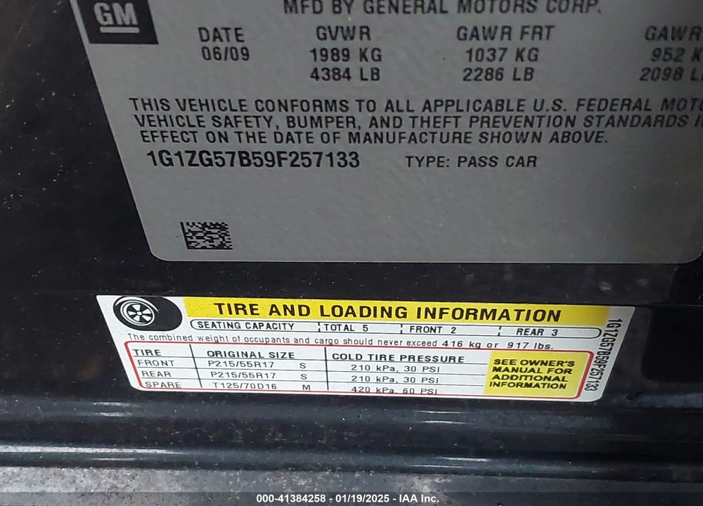 2009 CHEVROLET MALIBU VIN: 1G1ZG57B59F257133