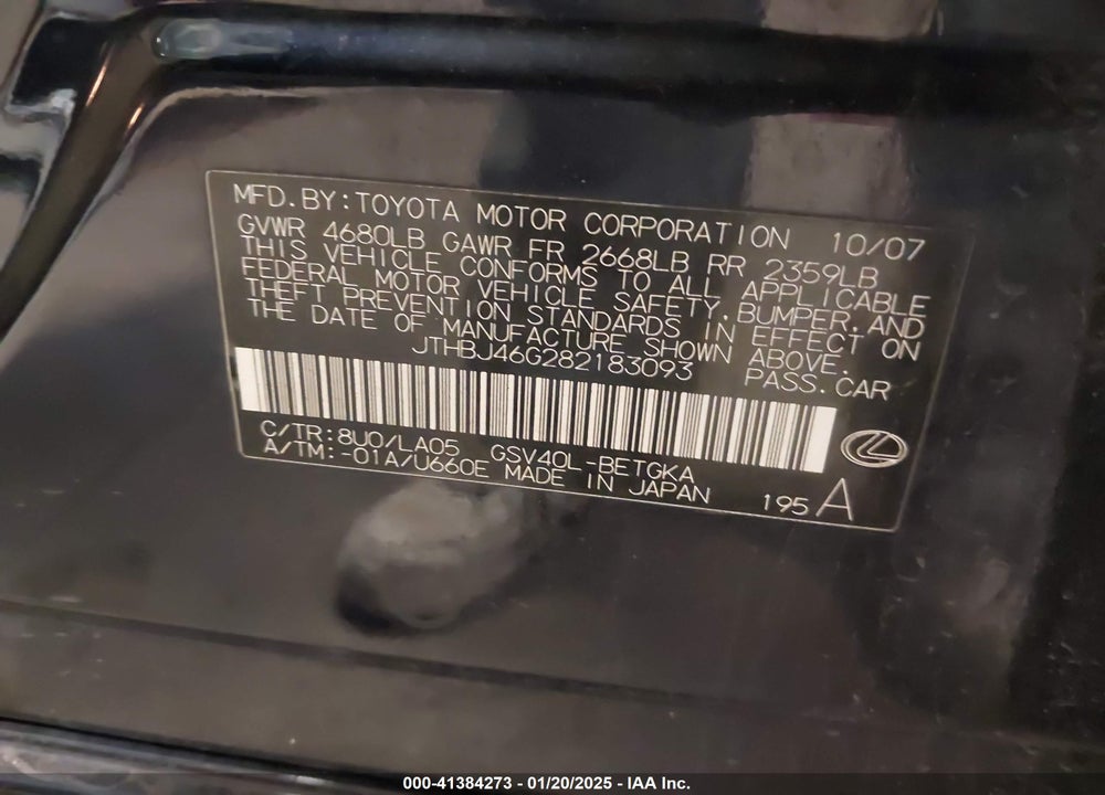 2008 LEXUS ES 350 VIN: JTHBJ46G282183093