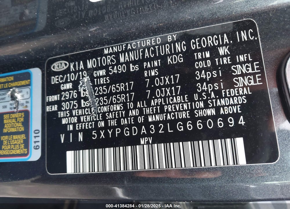 2020 KIA SORENTO 2.4L LX VIN: 5XYPGDA32LG660694