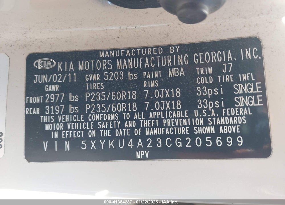 2012 KIA SORENTO VIN: 5XYKU4A23CG205699