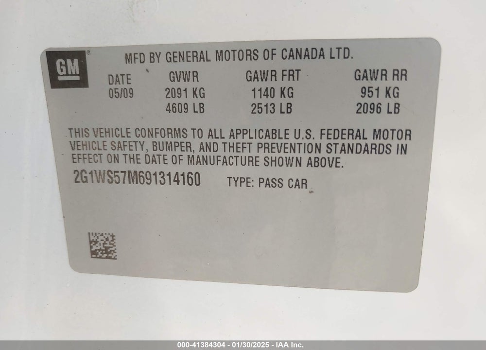 2009 CHEVROLET IMPALA POLICE VIN: 2G1WS57M691314160