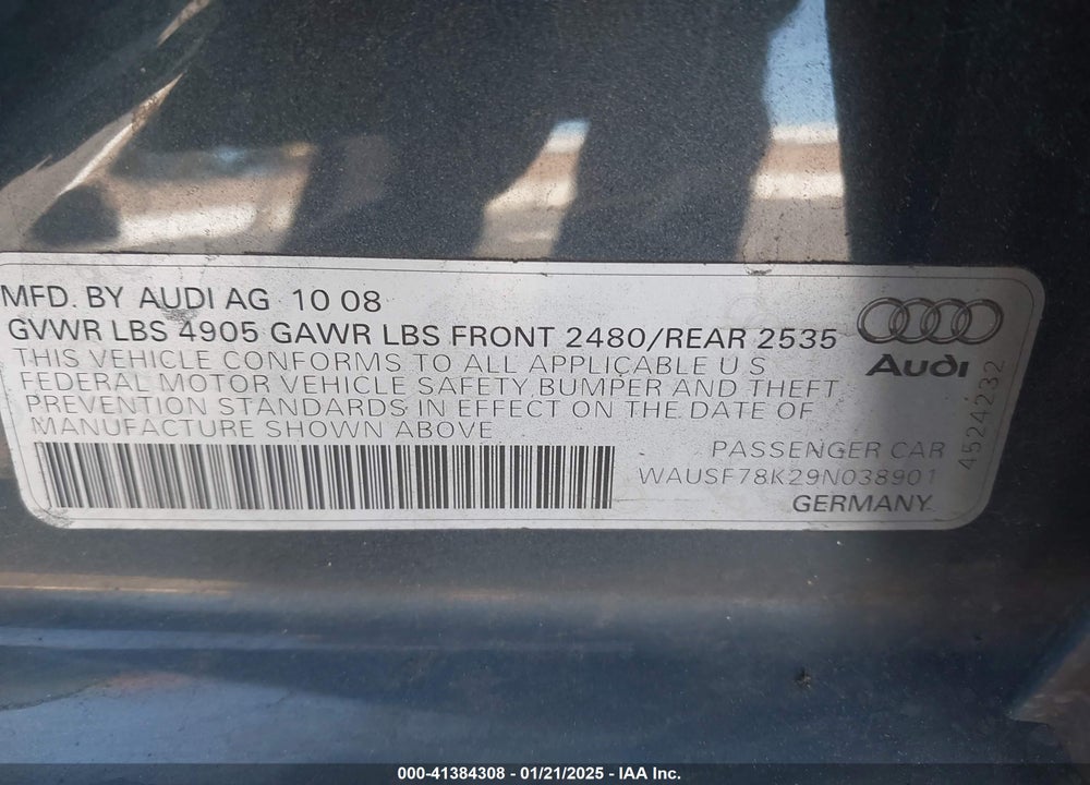 2009 AUDI A4 VIN: WAUSF78K29N038901