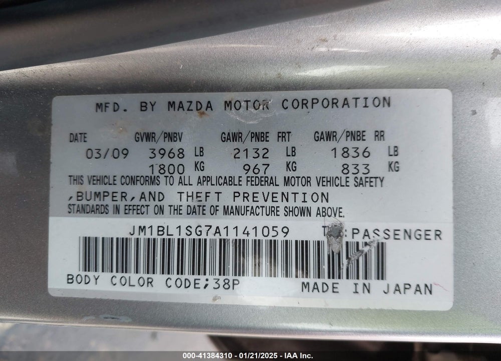 2010 MAZDA 3 I TOURING VIN: JM1BL1SG7A1141059