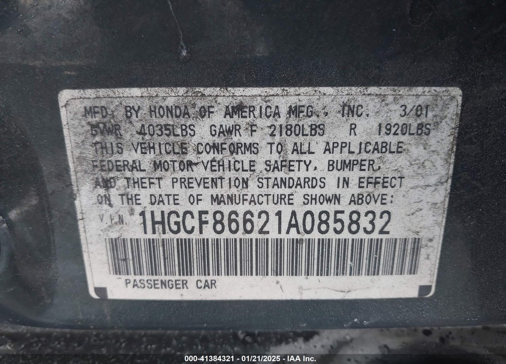 2001 HONDA ACCORD VALUE PACKAGE VIN: 1HGCF86621A085832