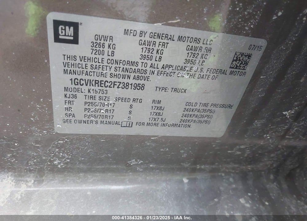 2015 CHEVROLET SILVERADO VIN: 1GCVKREC2FZ381958