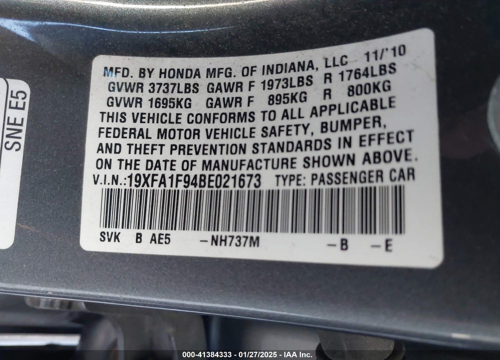 2011 HONDA CIVIC EX-L VIN: 19XFA1F94BE021673