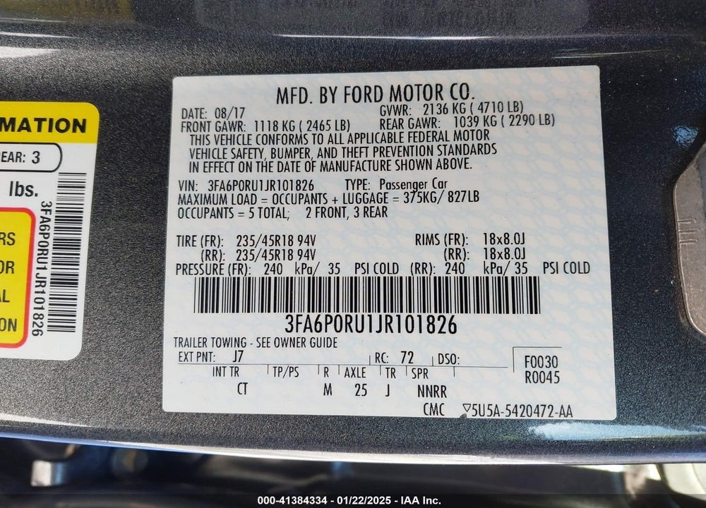 2018 FORD FUSION HYBRID VIN: 3FA6P0RU1JR101826
