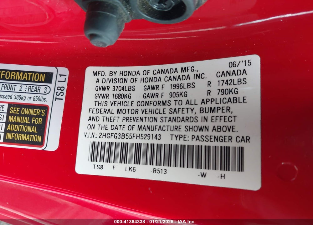 2015 HONDA CIVIC VIN: 2HGFG3B55FH529143