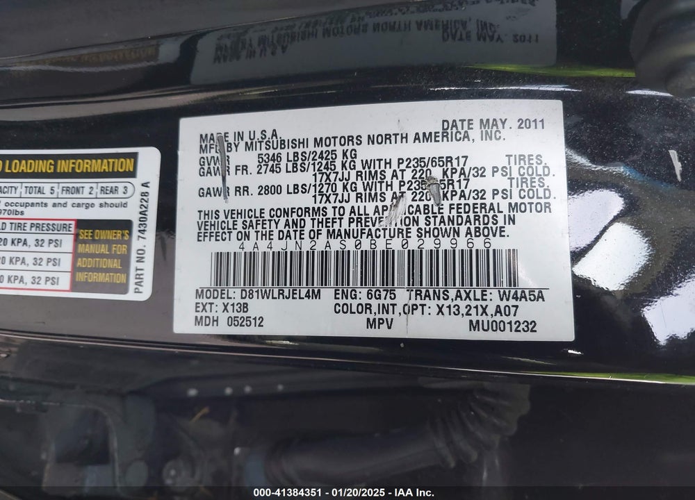 2011 MITSUBISHI ENDEAVOR VIN: 4A4JN2AS0BE029966
